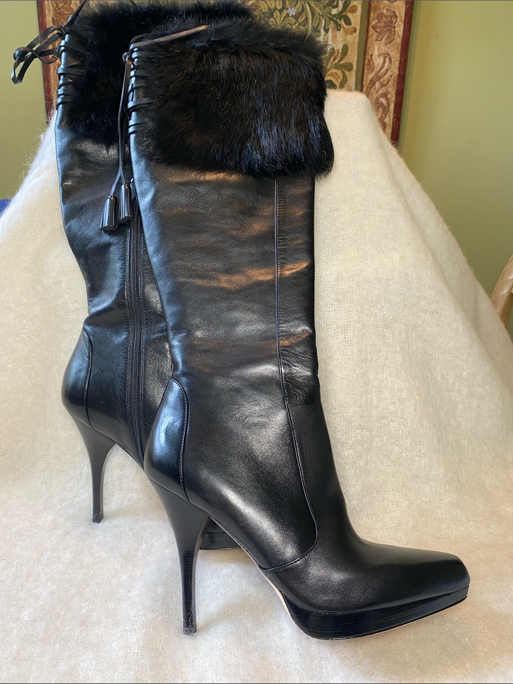 Via Spiga Black Real Fur-Trim Leather Knee-High Stiletto Boots - Women Size 9